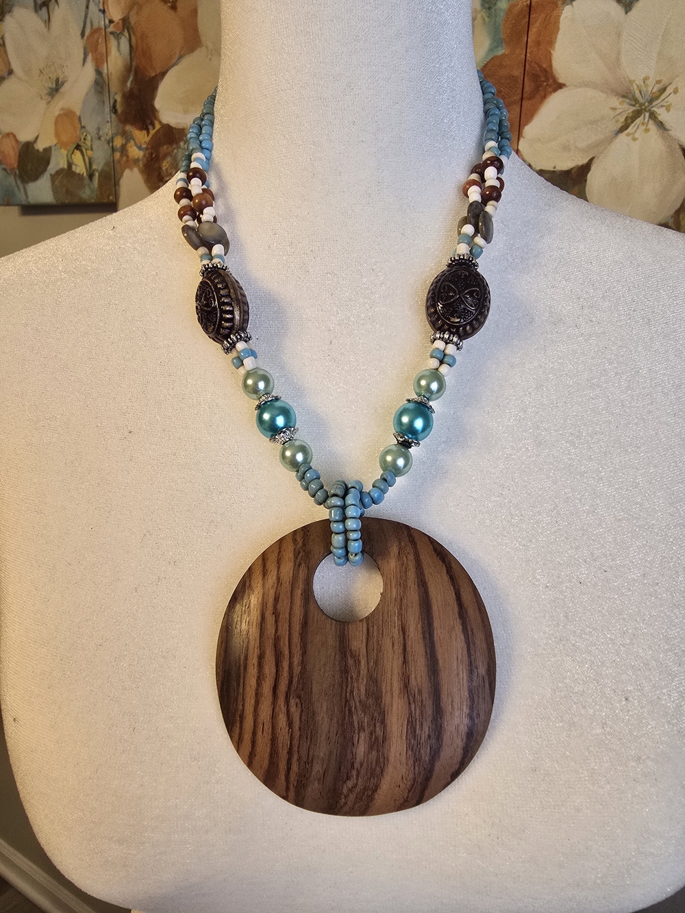 Turquoise Beaded Wood Pendant Necklace - Women Jewelry